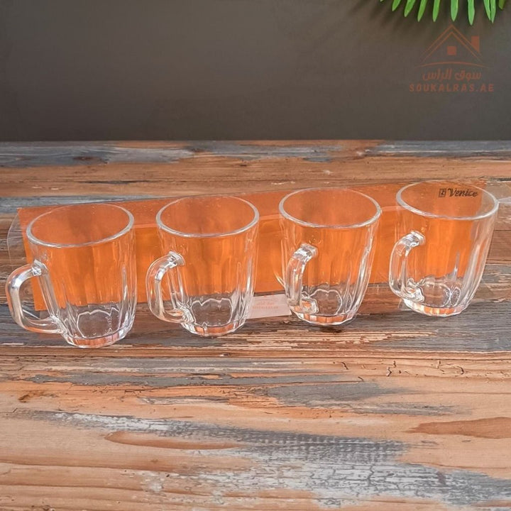 Venice Glass Coffee Cups Set | 4 - Piece Premium Clear Glass | Elegant Diamond Pattern Design - Souk Al Ras