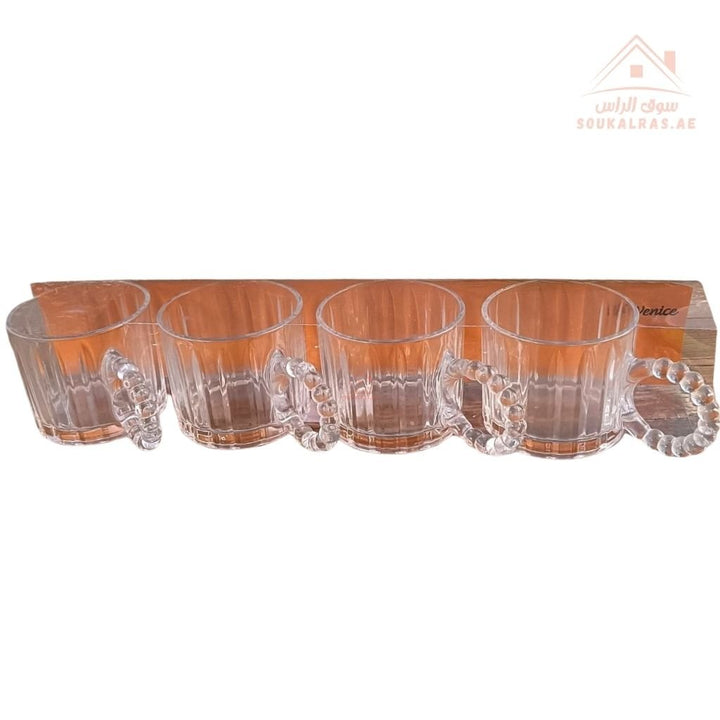Venice Glass Coffee Cups Set | 4 - Piece Premium Clear Glass | Elegant Diamond Pattern Design - Souk Al Ras