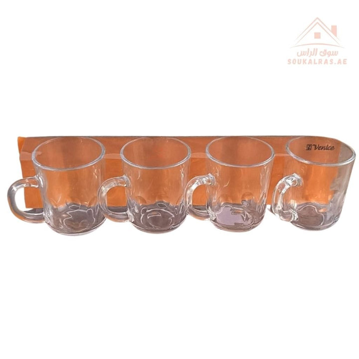 Venice Glass Coffee Cups Set | 4 - Piece Premium Clear Glass | Elegant Diamond Pattern Design - Souk Al Ras