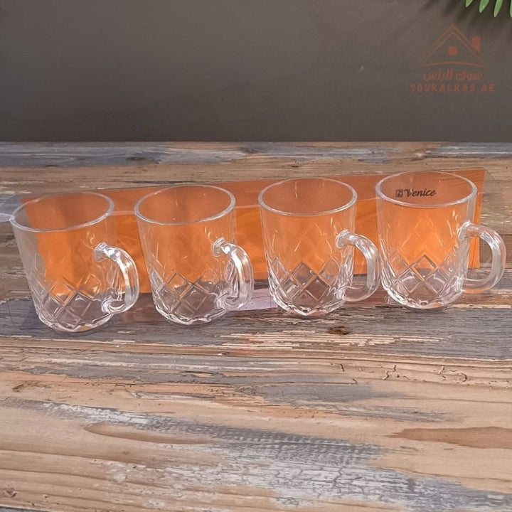 Venice Glass Coffee Cups Set | 4 - Piece Premium Clear Glass | Elegant Diamond Pattern Design - Souk Al Ras
