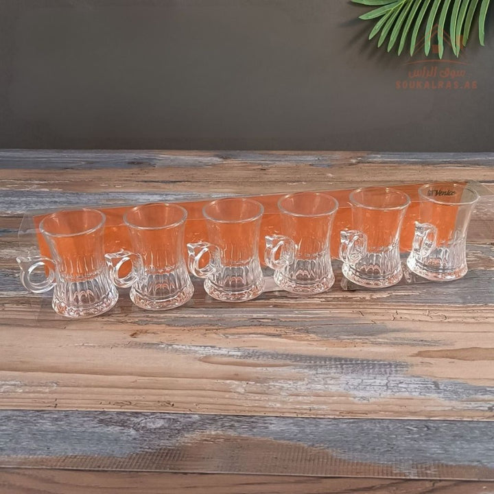 Venice Glass Coffee Cups Set | 6 - Piece Premium Clear Glass | Elegant Diamond Pattern Design - Souk Al Ras
