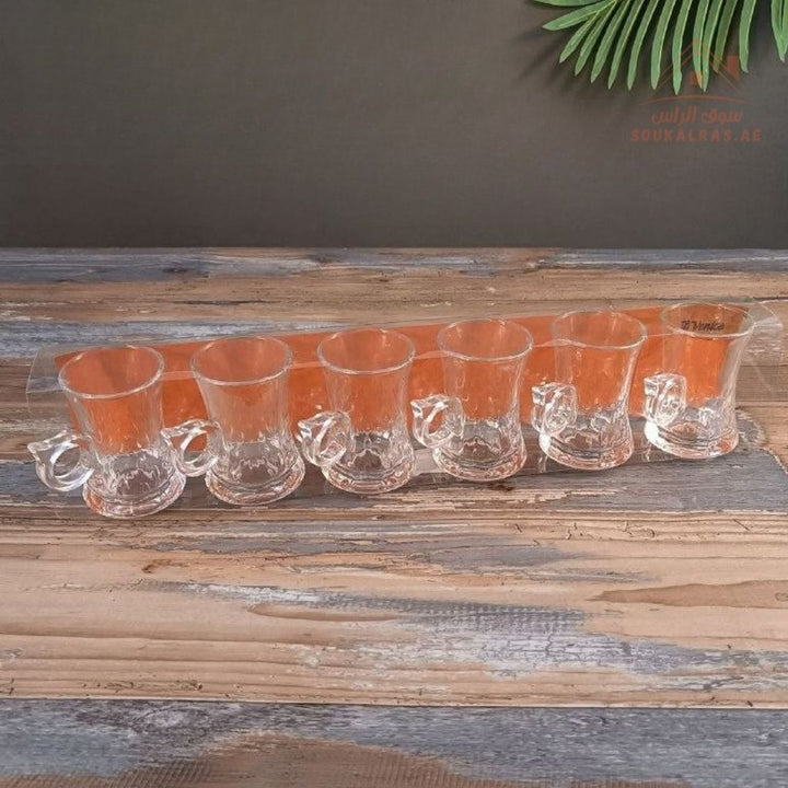 Venice Glass Coffee Cups Set | 6 - Piece Premium Clear Glass | Elegant Diamond Pattern Design - Souk Al Ras