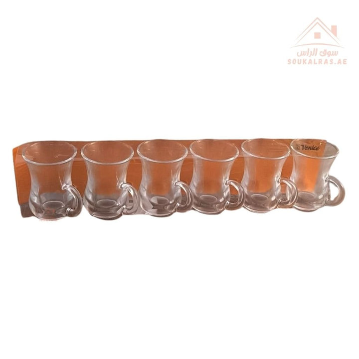 Venice Glass Tea Cups Set | 6 - Piece Clear Glass Istikana | Classic Curved Design - Souk Al Ras