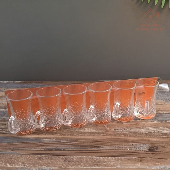 Venice Glass Tea Cups Set | 6 - Piece Clear Glass Istikana | Classic Curved Design - Souk Al Ras