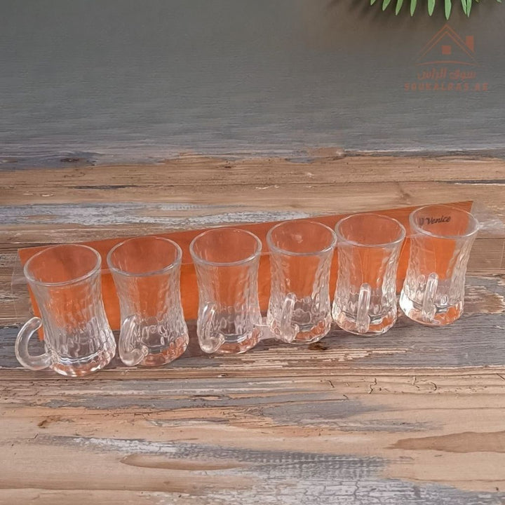Venice Glass Tea Cups Set | 6 - Piece Clear Glass Istikana | Classic Curved Design - Souk Al Ras