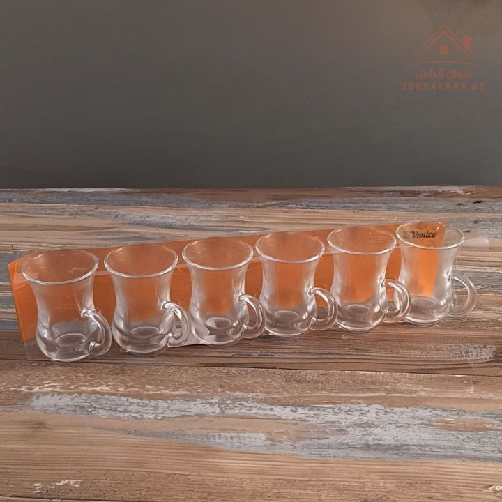 Venice Glass Tea Cups Set | 6 - Piece Clear Glass Istikana | Classic Curved Design - Souk Al Ras