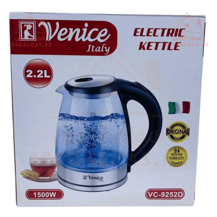 Venice Italy Electric Kettle 2.2L | 1500W | Glass Body | LED Indicator | Automatic Switch Off | 24 MONTHS WARRANTY - Souk Al RasBoilers & Kettles