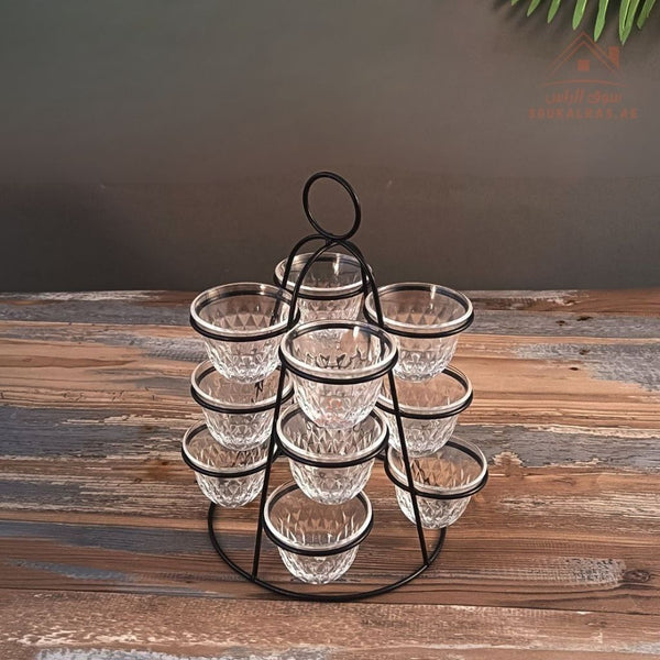 Venice Italy Glass Arabic Coffee Cup Set with Pyramid Metal Holder | 13 - Piece Elegant Design | Premium Quality - Souk Al Ras