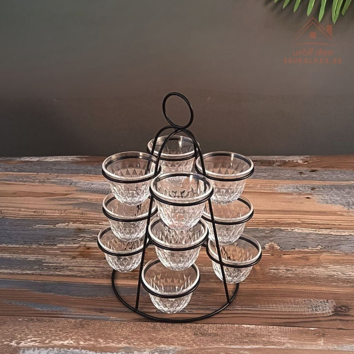 Venice Italy Glass Arabic Coffee Cup Set with Pyramid Metal Holder | 13 - Piece Elegant Design | Premium Quality - Souk Al Ras