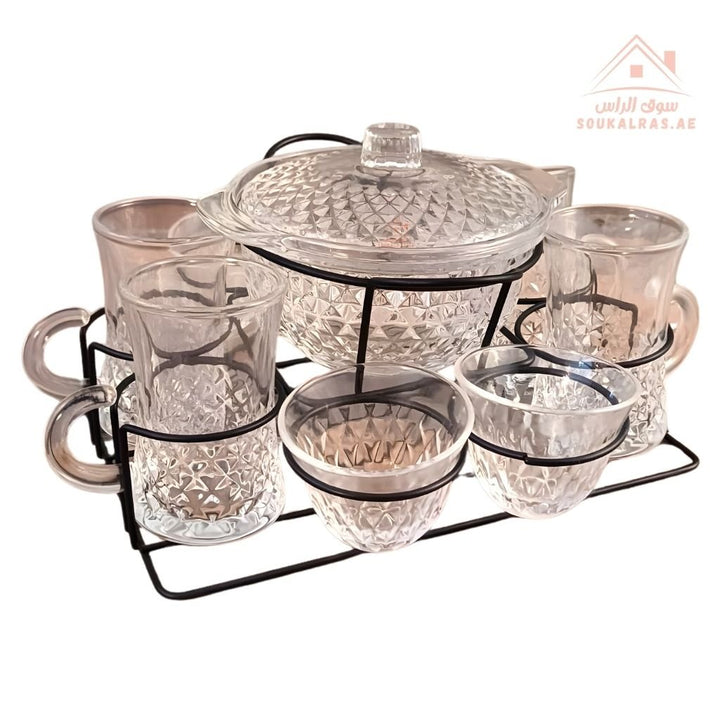 Venice Italy Glass Coffee & Tea Set | Includes 4 Arabic Coffee Cups, 4 Tea Cups, 1 Crystal Bonbonniere with Lid & Metal Stand | Elegant Serving Set - Souk Al Ras