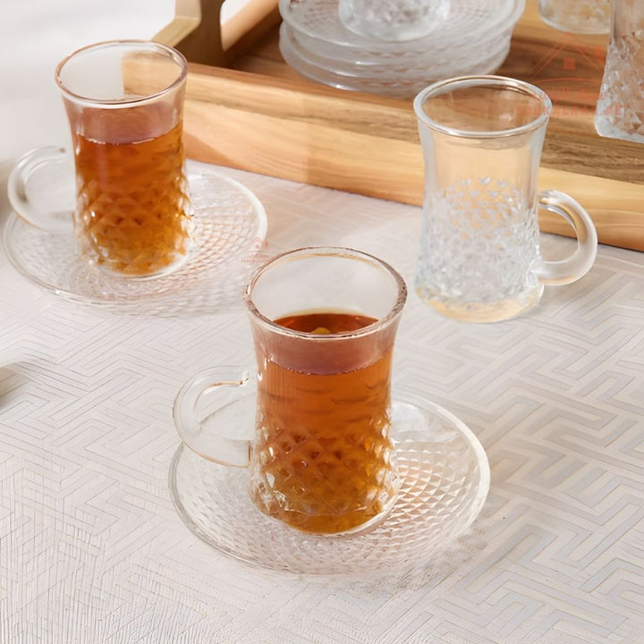 Venice Italy Glass Coffee & Tea Set | Includes 4 Arabic Coffee Cups, 4 Tea Cups, 1 Crystal Bonbonniere with Lid & Metal Stand | Elegant Serving Set - Souk Al Ras