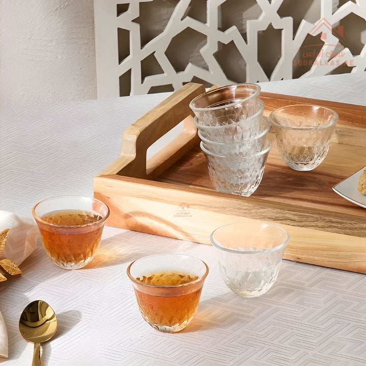 Venice Italy Glass Coffee & Tea Set | Includes 4 Arabic Coffee Cups, 4 Tea Cups, 1 Crystal Bonbonniere with Lid & Metal Stand | Elegant Serving Set - Souk Al Ras