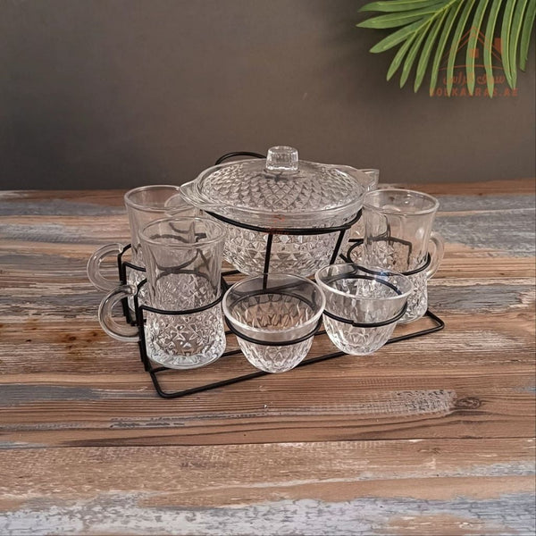 Venice Italy Glass Coffee & Tea Set | Includes 4 Arabic Coffee Cups, 4 Tea Cups, 1 Crystal Bonbonniere with Lid & Metal Stand | Elegant Serving Set - Souk Al Ras