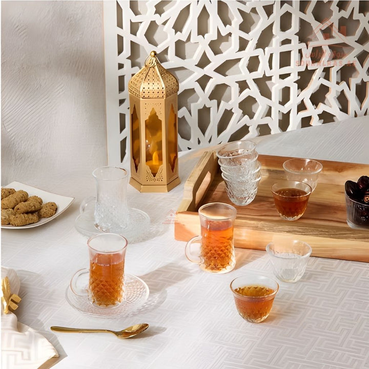 Venice Italy Glass Coffee & Tea Set | Includes 4 Arabic Coffee Cups, 4 Tea Cups, 1 Crystal Bonbonniere with Lid & Metal Stand | Elegant Serving Set - Souk Al Ras