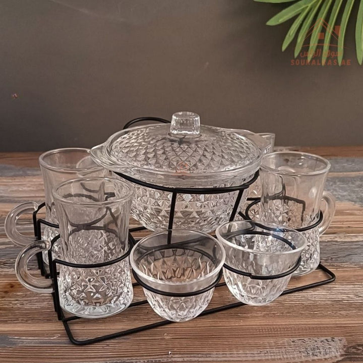 Venice Italy Glass Coffee & Tea Set | Includes 4 Arabic Coffee Cups, 4 Tea Cups, 1 Crystal Bonbonniere with Lid & Metal Stand | Elegant Serving Set - Souk Al Ras