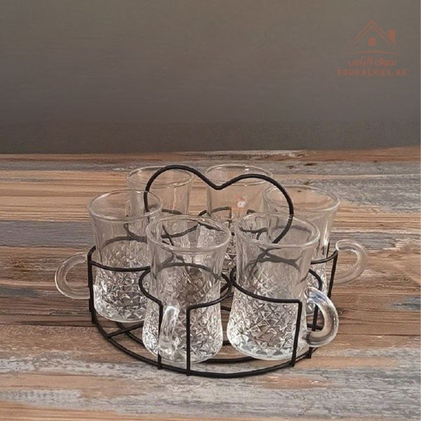 Venice Italy Glass Tea Cup Set with Metal Holder | 7 - Piece Elegant Design | Premium Quality | Perfect for Daily Use - Souk Al Ras