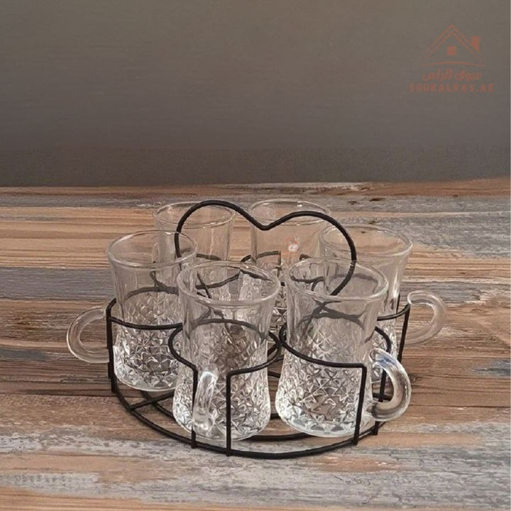Venice Italy Glass Tea Cup Set with Metal Holder | 7 - Piece Elegant Design | Premium Quality | Perfect for Daily Use - Souk Al Ras