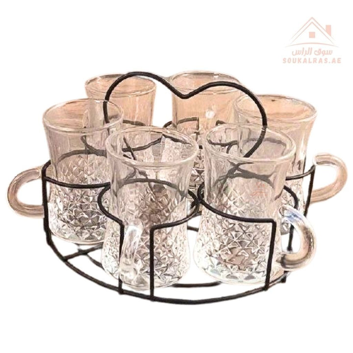 Venice Italy Glass Tea Cup Set with Metal Holder | 7 - Piece Elegant Design | Premium Quality | Perfect for Daily Use - Souk Al Ras