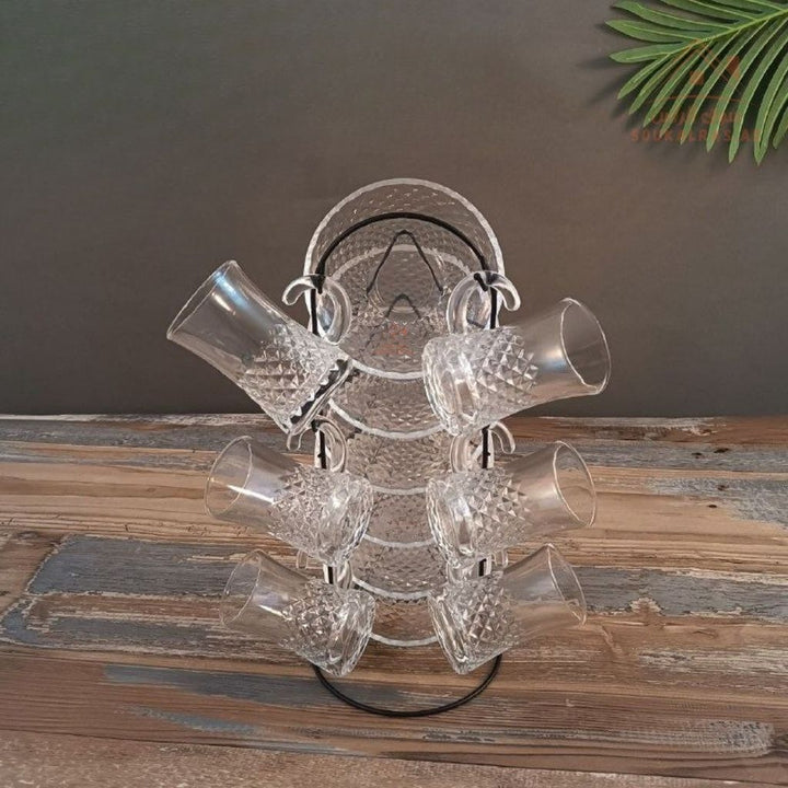 Venice Italy Glass Tea Cup Set with Metal Stand | 7 - Piece Elegant Design | Premium Quality | Space - Saving Organizer - Souk Al Ras