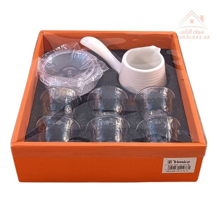 Venice Italy Glass Tea Set with Ceramic Pot | 13 - Piece Elegant Serving Set | Premium Quality | Perfect for Hospitality - Souk Al Ras