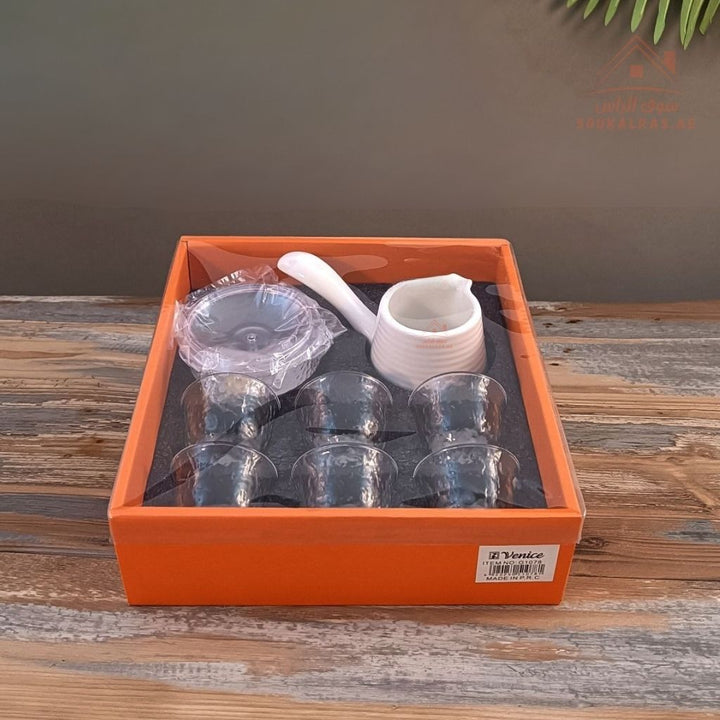 Venice Italy Glass Tea Set with Ceramic Pot | 13 - Piece Elegant Serving Set | Premium Quality | Perfect for Hospitality - Souk Al Ras