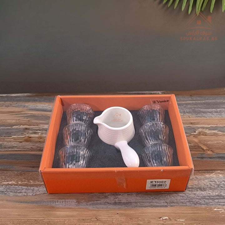 Venice Italy Glass Tea Set with Ceramic Pot | 7 - Piece Elegant Serving Set | Premium Quality | Perfect for Hospitality - Souk Al Ras