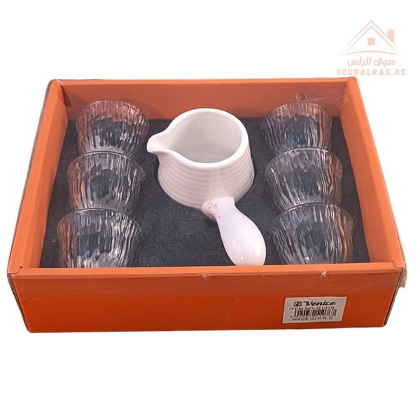 Venice Italy Glass Tea Set with Ceramic Pot | 7 - Piece Elegant Serving Set | Premium Quality | Perfect for Hospitality - Souk Al Ras