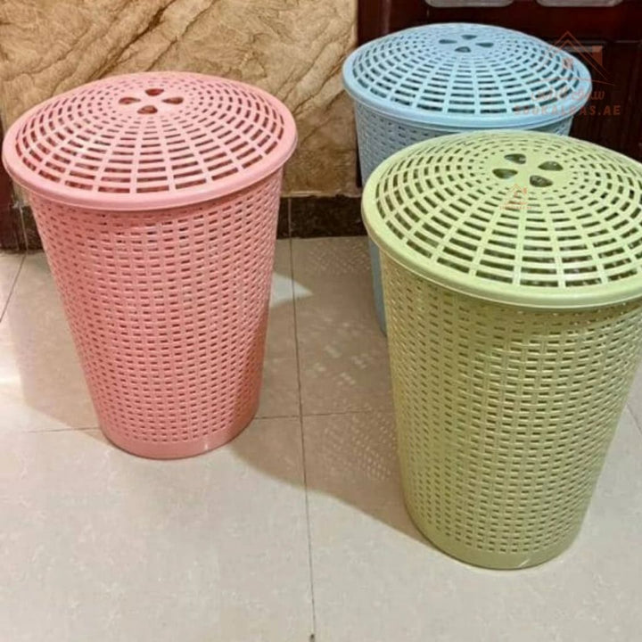 Venice Laundry Basket with Lid 42x55CM | Plastic Woven Design Ventilated design keeps clothes fresh Perfect for bedrooms, bathrooms, and laundry areas | Durable & Lightweight - Mix Color - Souk Al Ras