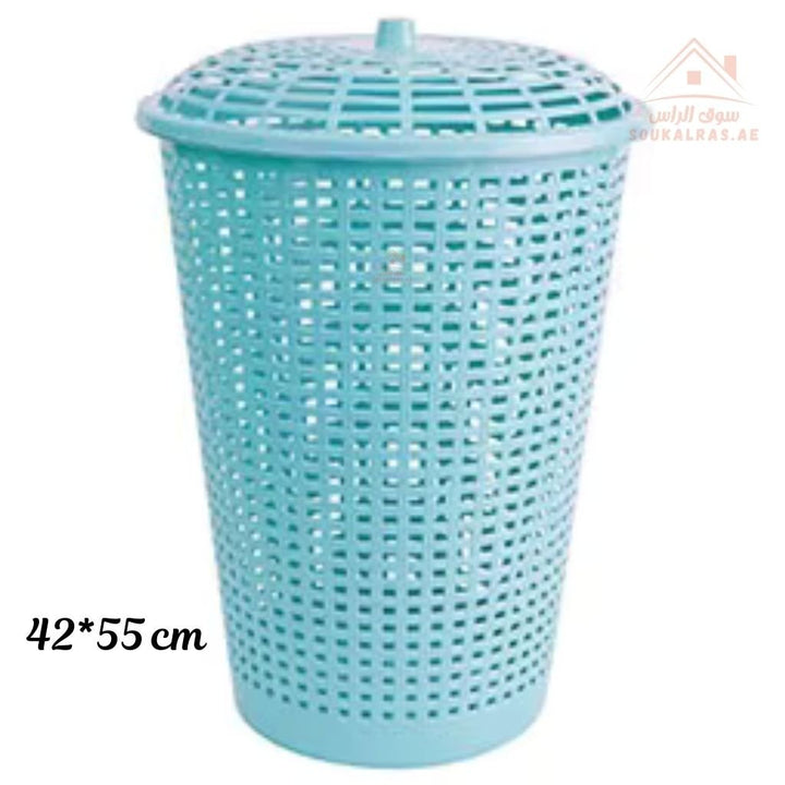 Venice Laundry Basket with Lid 42x55CM | Plastic Woven Design Ventilated design keeps clothes fresh Perfect for bedrooms, bathrooms, and laundry areas | Durable & Lightweight - Mix Color - Souk Al Ras