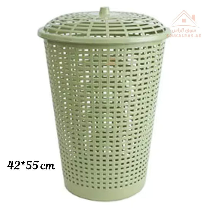 Venice Laundry Basket with Lid 42x55CM | Plastic Woven Design Ventilated design keeps clothes fresh Perfect for bedrooms, bathrooms, and laundry areas | Durable & Lightweight - Mix Color - Souk Al Ras