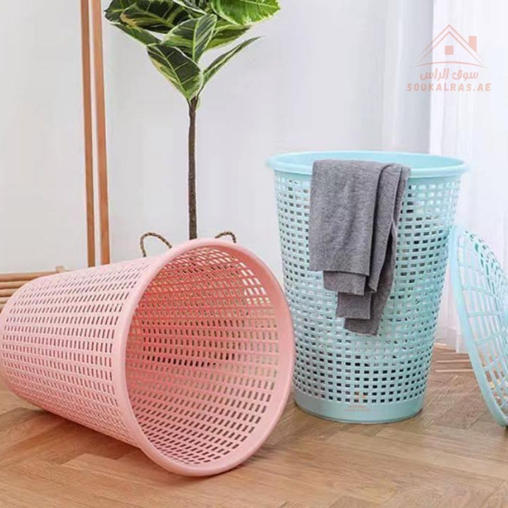 Venice Laundry Basket with Lid 42x55CM | Plastic Woven Design Ventilated design keeps clothes fresh Perfect for bedrooms, bathrooms, and laundry areas | Durable & Lightweight - Mix Color - Souk Al Ras