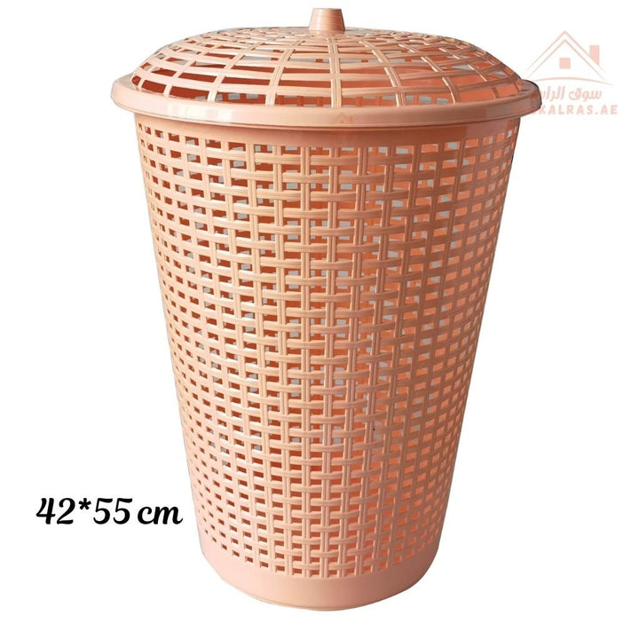 Venice Laundry Basket with Lid 42x55CM | Plastic Woven Design Ventilated design keeps clothes fresh Perfect for bedrooms, bathrooms, and laundry areas | Durable & Lightweight - Mix Color - Souk Al Ras