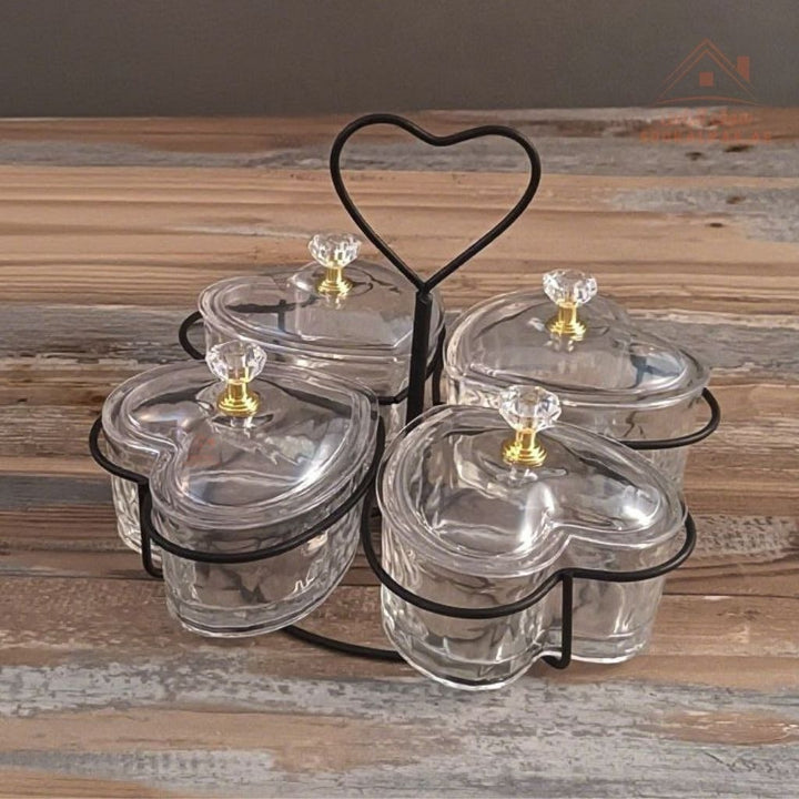 Venice Luxury 4 Bowls Glass Serving Dish with Crystal Knobs | Elegant Design | Ideal for Nuts, Desserts & Sweets - Souk Al Ras