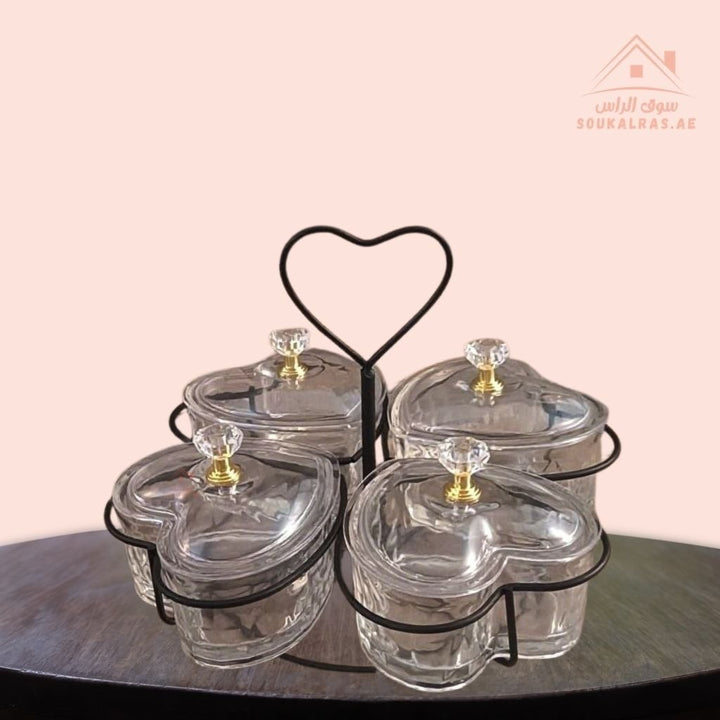 Venice Luxury 4 Bowls Glass Serving Dish with Crystal Knobs | Elegant Design | Ideal for Nuts, Desserts & Sweets - Souk Al Ras
