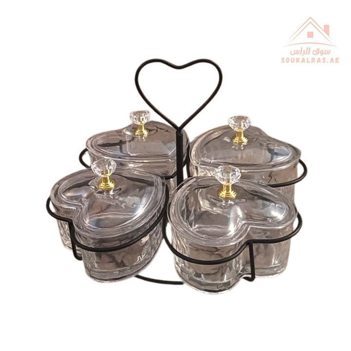 Venice Luxury 4 Bowls Glass Serving Dish with Crystal Knobs | Elegant Design | Ideal for Nuts, Desserts & Sweets - Souk Al Ras