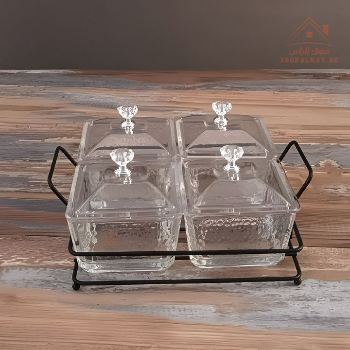 Venice Luxury 4 - Section Glass Serving Dish with Crystal Knobs | Elegant Design | Ideal for Nuts, Desserts & Sweets - Souk Al Ras