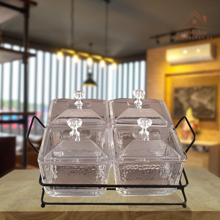 Venice Luxury 4 - Section Glass Serving Dish with Crystal Knobs | Elegant Design | Ideal for Nuts, Desserts & Sweets - Souk Al Ras