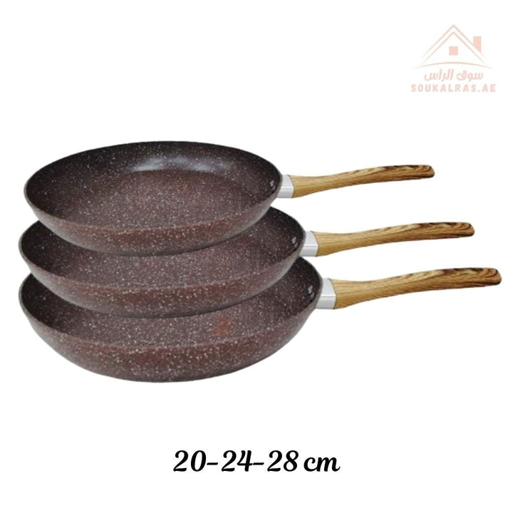 Venice Marble Non - Stick Frying Pan Set 3 PCS | Wooden Handle | ideal for frying - Souk Al Ras