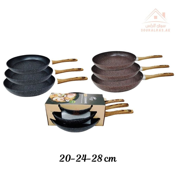 Venice Marble Non - Stick Frying Pan Set 3 PCS | Wooden Handle | ideal for frying - Souk Al Ras