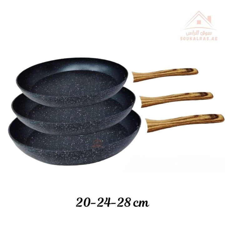 Venice Marble Non - Stick Frying Pan Set 3 PCS | Wooden Handle | ideal for frying - Souk Al Ras