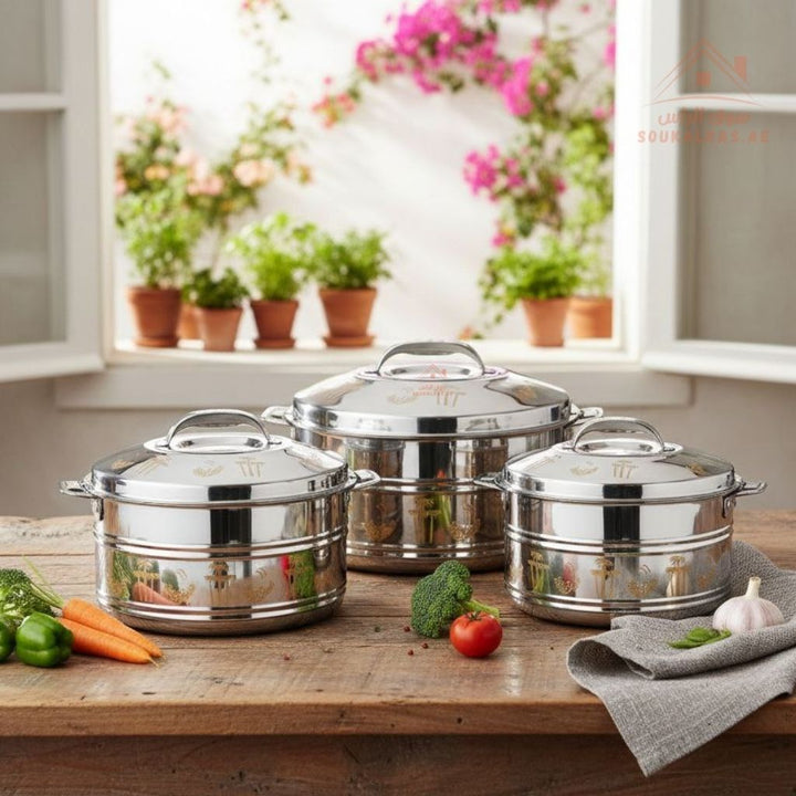 Venice Oasis 3 - Piece Stainless Steel Insulated Hot Pot Set | Available in more Sizes | Premium Heat Retention Food Warmer - Souk Al Ras