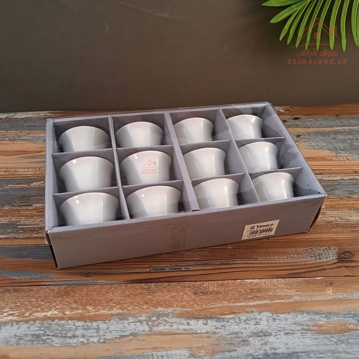 Venice Porcelain Arabic Coffee Cups Set 12 Pieces | Elegant White Finish | Premium Quality | Lightweight and comfortable to hold - Souk Al Ras