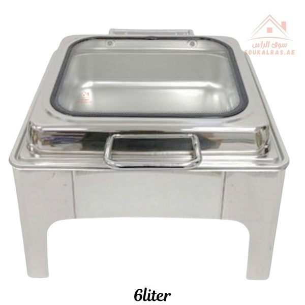 Venice Premium Square Chafing Dish | 6 Liter Stainless Steel Food Warmer | Elegant Buffet Server with Glass Lid - Souk Al Ras