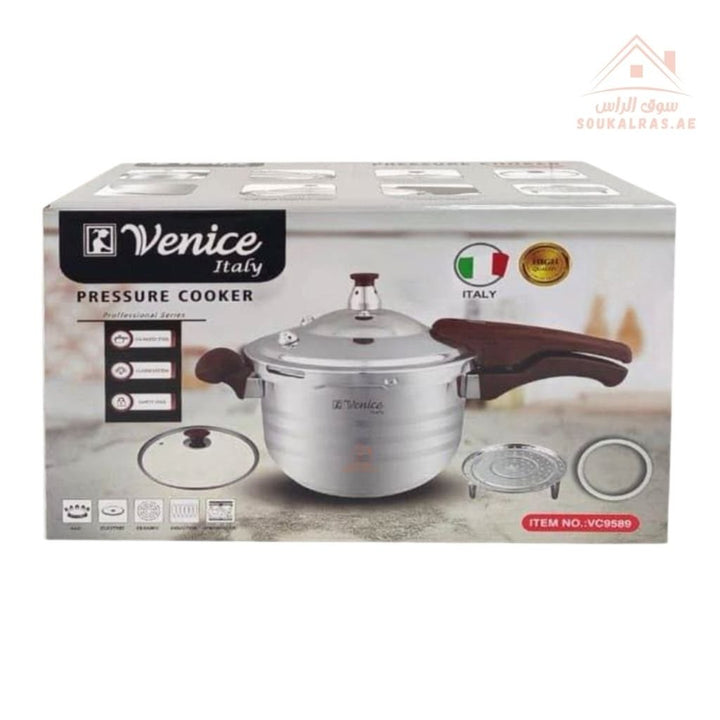 Venice Pressure Cooker | Available In Sizes 5L, 7L, 9L, 11L | Premium 18/10 Stainless Steel Build | Includes Glass Lid, Steamer Plate & Gasket - Souk Al Ras