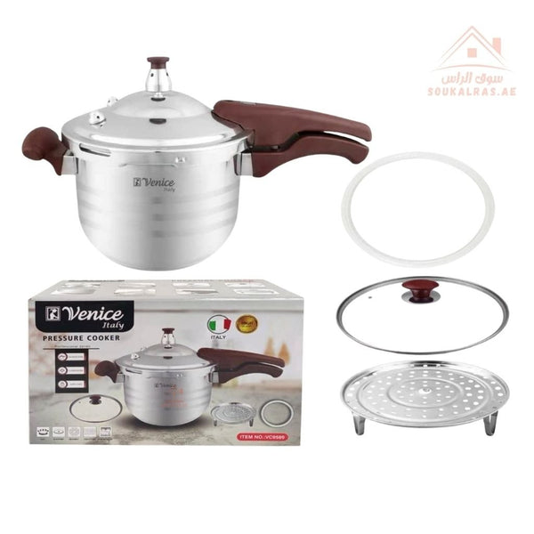 Venice Pressure Cooker | Available In Sizes 5L, 7L, 9L, 11L | Premium 18/10 Stainless Steel Build | Includes Glass Lid, Steamer Plate & Gasket - Souk Al Ras