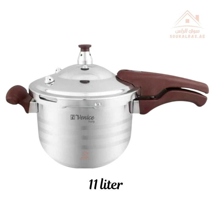 Venice Pressure Cooker | Available In Sizes 5L, 7L, 9L, 11L | Premium 18/10 Stainless Steel Build | Includes Glass Lid, Steamer Plate & Gasket - Souk Al Ras
