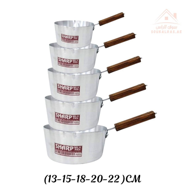 Venice Sharp Milk Pan Set | 5 Sizes (13CM–15CM - 18CM - 20CM - 22CM) | Aluminum with Wooden Handle | Durable & Lightweight Cooking Pots - Souk Al Ras