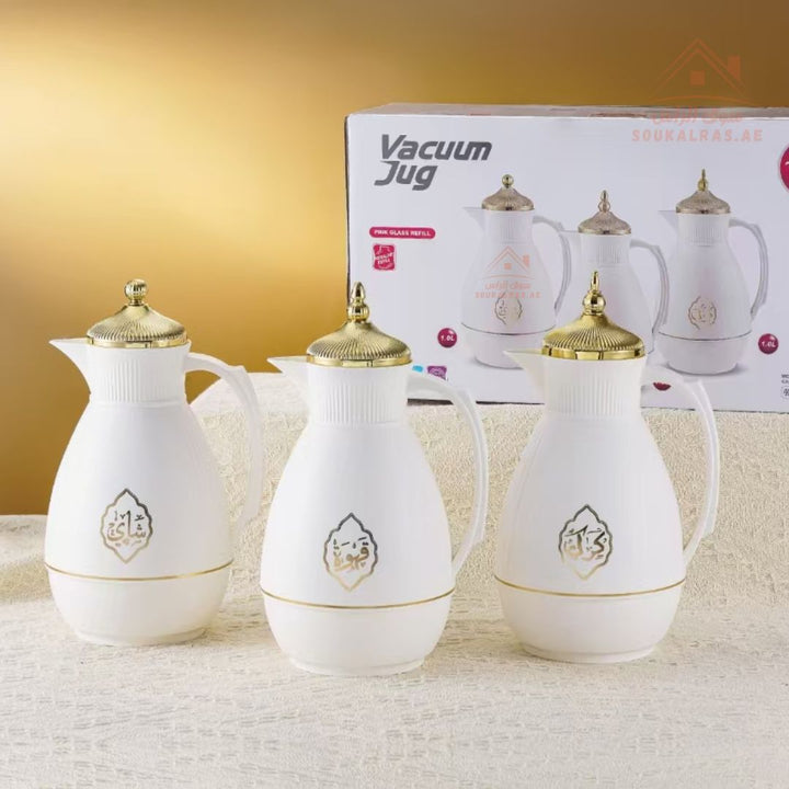 Venice Vacuum Flask 1.0L set of 3 dallahs | Pink Glass Refill | Premium Arabic Coffee Pot | Keeps Heat 12 Hours | Grey, White & Beige - Souk Al Ras