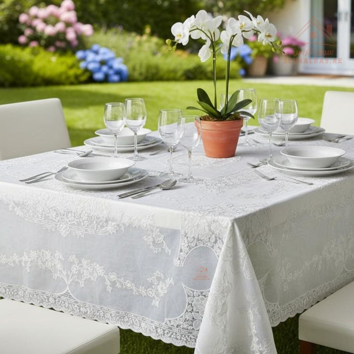 White Floral Lace PVC Table Cover | 137 cm × 183 cm | Elegant Embossed Design | Waterproof & Durable - Souk Al Ras