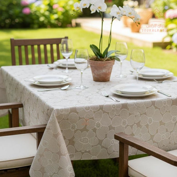 White Floral PVC Table Cover Roll | 137 cm × 18 m | Elegant Pattern | Waterproof & Easy to Clean - Souk Al Ras